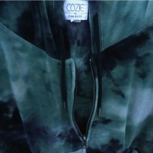 Cozie by Pink Rose Women Size L Short Hoodie Jacket Full Zip Velour Green Navy - Picture 6 of 6
